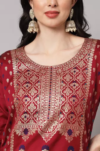   women kurta and trousers pant set heavy zari wok silk blend