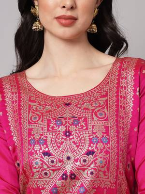 Pink Kurta Set with Zari Work in Cotton Silk - Stitched 3