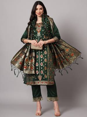   women kurta and trousers pant set heavy zari wok silk blend 1