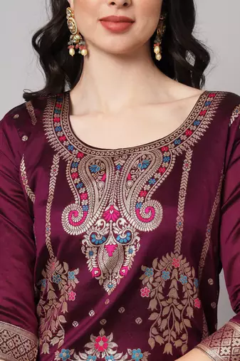   women kurta and trousers pant set heavy zari wok silk blend