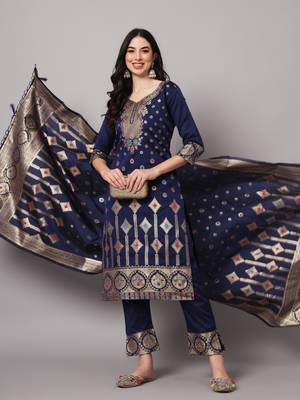   women kurta and trousers pant set heavy zari wok silk blend 1