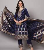   women kurta and trousers pant set heavy zari wok silk blend