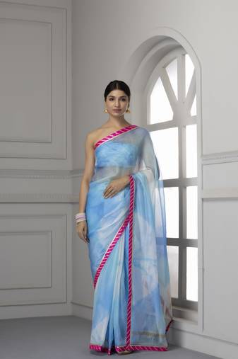 Geroo Jaipur Blue & Pink Bandhani Gotta Patti Pure Silk Bandhani Saree