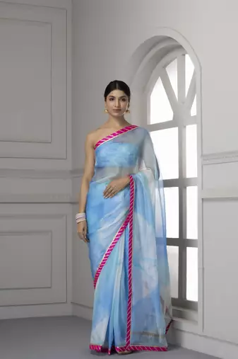 Geroo Jaipur Blue & Pink Bandhani Gotta Patti Pure Silk Bandhani Saree