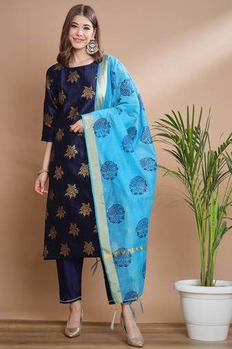   women kurta and trousers pant set silk blend