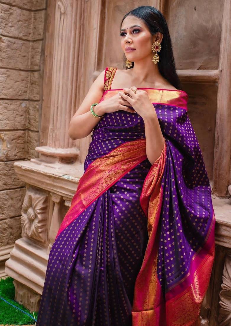  Purple Color Silk Blend Blend Sarees With Blouse