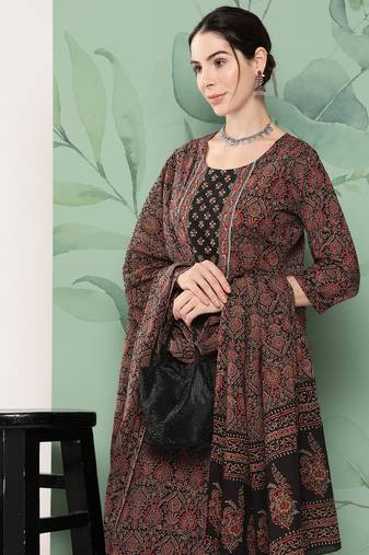  khaki ethnic motifs straight kurta trouser and dupatta set