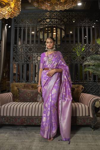 Kimisha women's purple silk woven saree with unstitched blouse piece