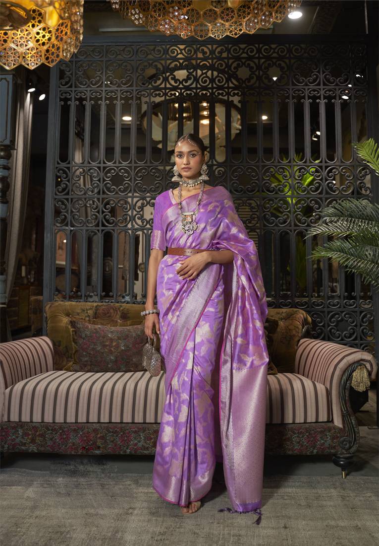 Kimisha women's purple silk woven saree with unstitched blouse piece