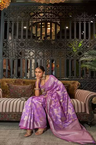 Kimisha women's purple silk blend woven saree with unstitched blouse piece