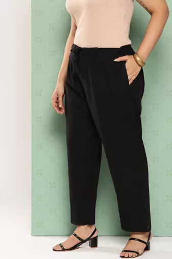 women black pure cotton plus size slim fit trousers