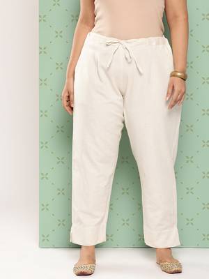 women cream pure cotton plus size slim fit trousers 1