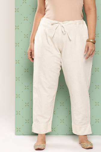 women cream pure cotton plus size slim fit trousers