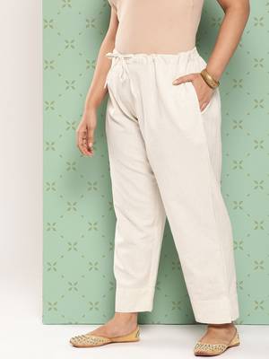 women cream pure cotton plus size slim fit trousers 2