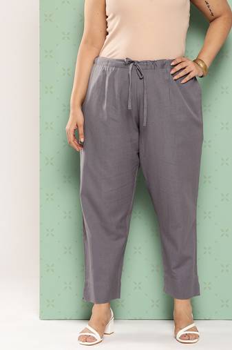 Yufta women grey pure cotton plus size slim fit trousers