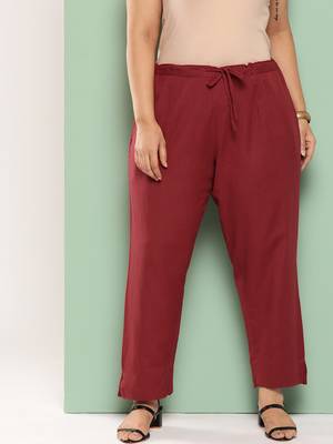 women maroon pure cotton plus size slim fit trousers 1