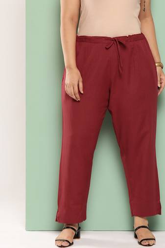 Yufta women maroon pure cotton plus size slim fit trousers