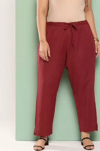 Yufta women maroon pure cotton plus size slim fit trousers