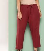 Yufta women maroon pure cotton plus size slim fit trousers