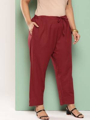 women maroon pure cotton plus size slim fit trousers 2