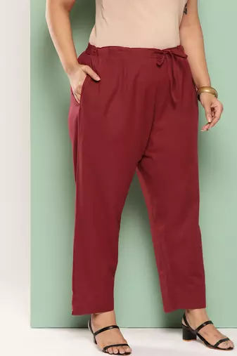 women maroon pure cotton plus size slim fit trousers