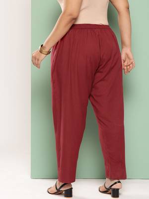 women maroon pure cotton plus size slim fit trousers 3