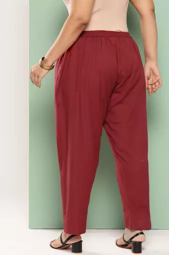 women maroon pure cotton plus size slim fit trousers