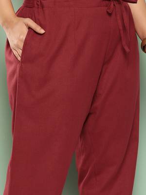 women maroon pure cotton plus size slim fit trousers 4