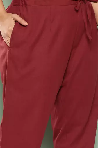 women maroon pure cotton plus size slim fit trousers