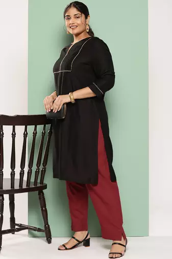 women maroon pure cotton plus size slim fit trousers