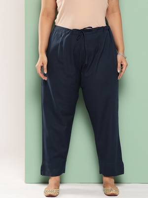 women navy blue pure cotton plus size slim fit trousers 1