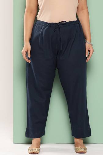 women navy blue pure cotton plus size slim fit trousers