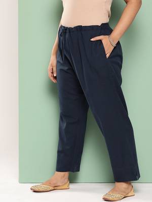 women navy blue pure cotton plus size slim fit trousers 2