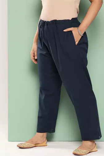 women navy blue pure cotton plus size slim fit trousers