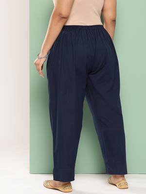 women navy blue pure cotton plus size slim fit trousers 3
