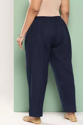 women navy blue pure cotton plus size slim fit trousers
