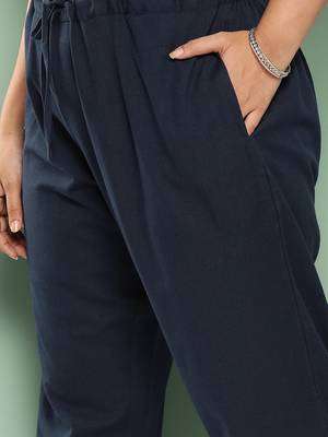 women navy blue pure cotton plus size slim fit trousers 4