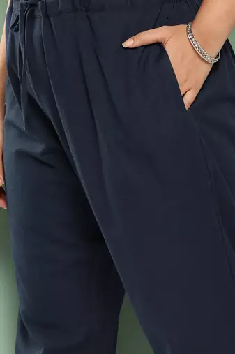 women navy blue pure cotton plus size slim fit trousers