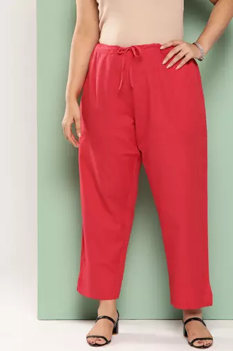 Yufta women red pure cotton plus size slim fit trousers