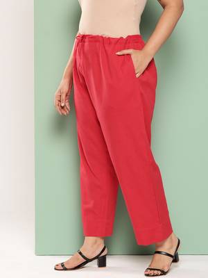 women red pure cotton plus size slim fit trousers 2