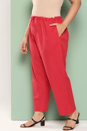 women red pure cotton plus size slim fit trousers