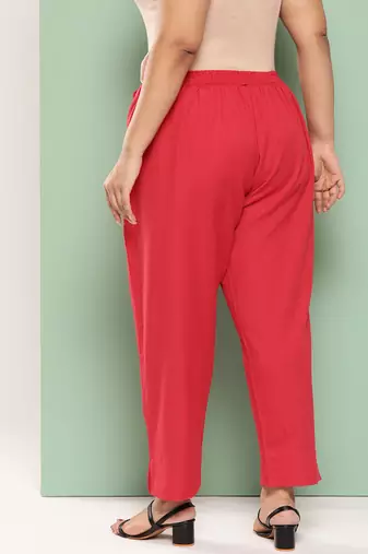 women red pure cotton plus size slim fit trousers