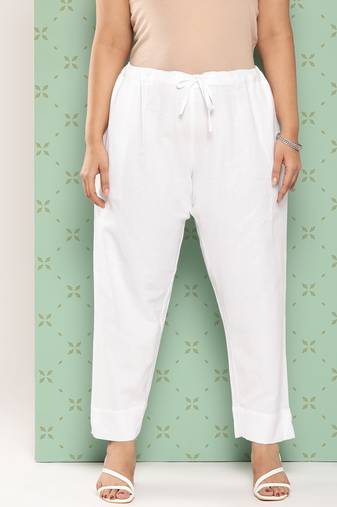 Yufta women white pure cotton plus size slim fit trousers