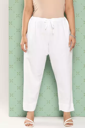 Yufta women white pure cotton plus size slim fit trousers