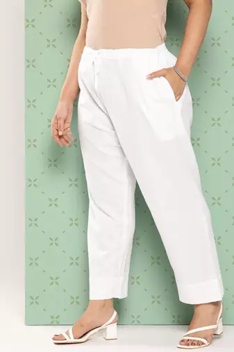 women white pure cotton plus size slim fit trousers