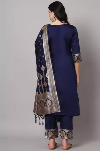   women kurta and trousers pant set heavy zari wok silk blend