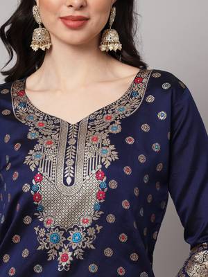   women kurta and trousers pant set heavy zari wok silk blend 3