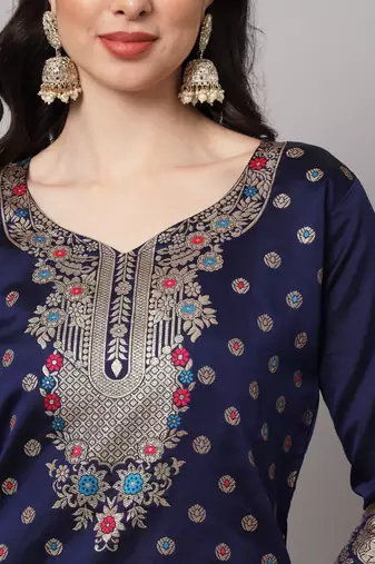   women kurta and trousers pant set heavy zari wok silk blend