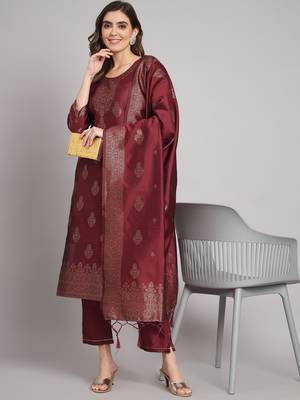   women kurta and trousers pant set heavy zari wok silk blend 1