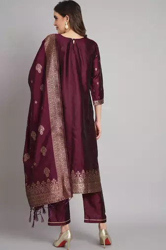   women kurta and trousers pant set heavy zari wok silk blend